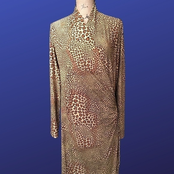 NORMA KAMALI LONG SLEEVE Surplice Wrap Dress, GOLD Animal Print, NWOT, Size L - Picture 1 of 9